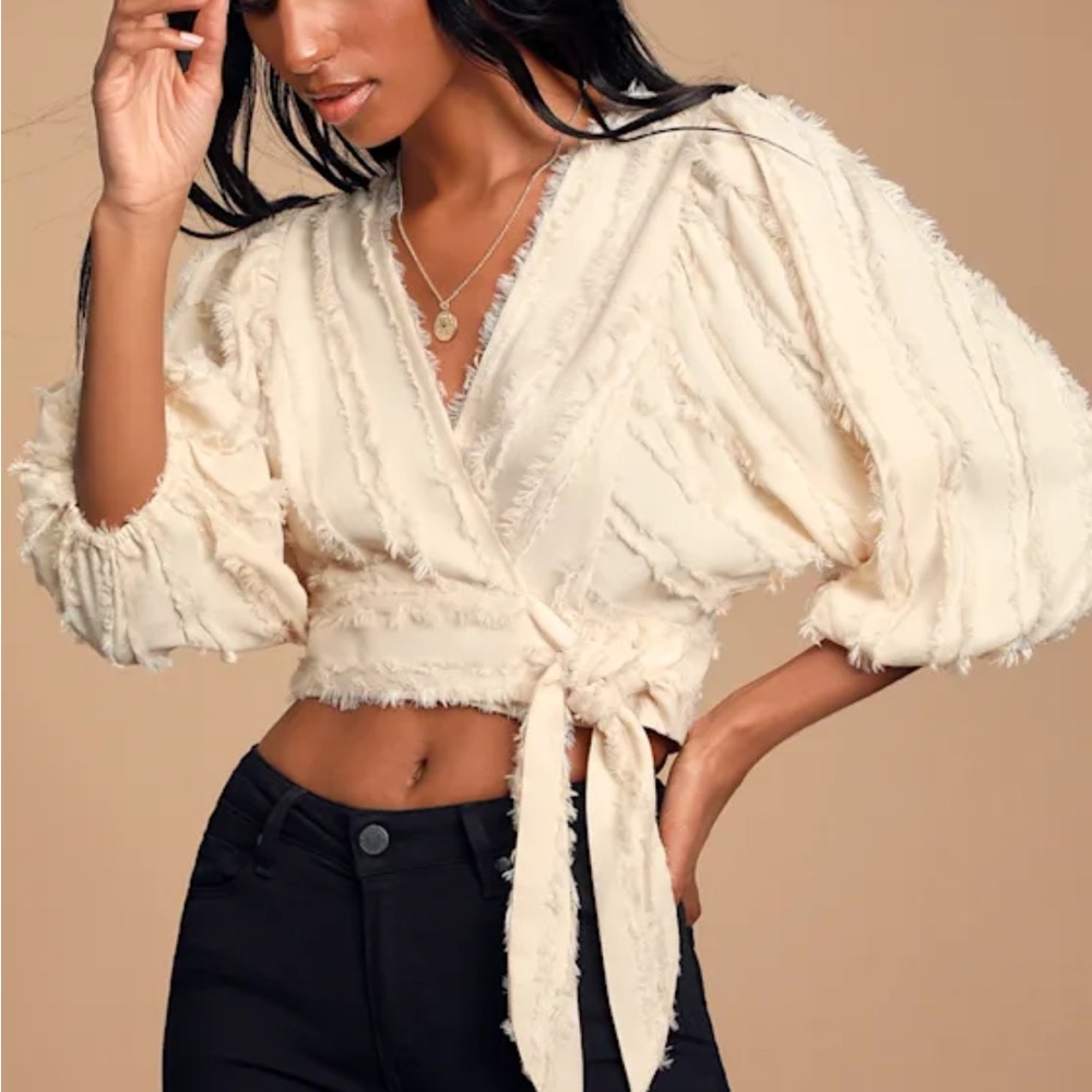 Cream Balloon Sleeve Cropped Wrap Top